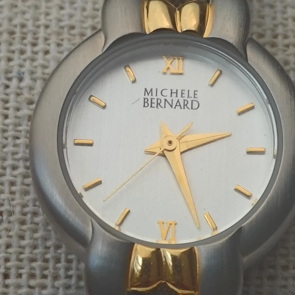 Michele Bernard Two Tone Women Watch Silver Gold Braided Link Case Fold Over